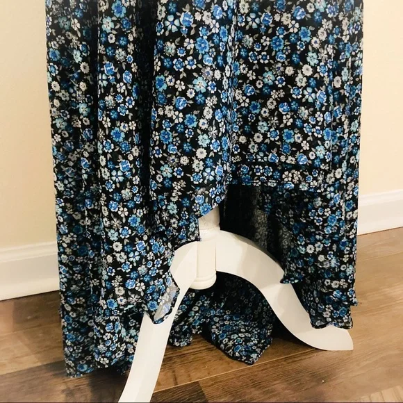 Vintage Cartise Dress Maxi Blue Black Floral Ruffled High Low Long Summer Small - Picture 5 of 12